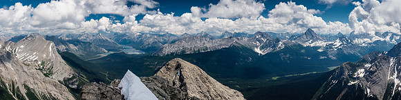 A tele-pano of the Spray River Valley from the Spray Lakes at distant left past Burstall Pass at distant right.