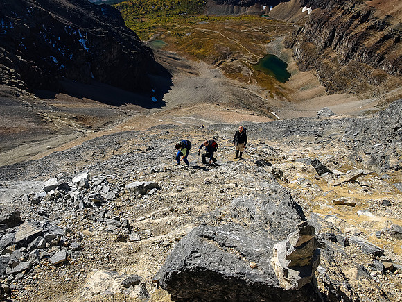 This is the start of more serious terrain, even rain would make these slabs slick. Note how loose the rocks are too - a brain bucket is mandatory here!
