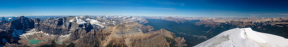 A huge panorama from Hungabee (L) to Lefroy, Victoria, Aberdeen, Haddo, Sheol, Daly, Hector, Cataract, Douglas, St. Bride, Bonnet and many hundreds more.