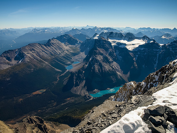 The view from my perch just to the east of the summit. Consolation Lakes and Moraine Lake sneak into view.