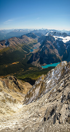 Looking down the dizzying SE face of Temple towards Consolation Lakes and Panorama Ridge.