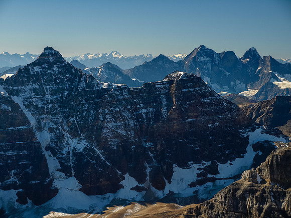 Deltaform, Neptuak and the Goodsir Peaks with the Bugaboos showing up in the far distance.
