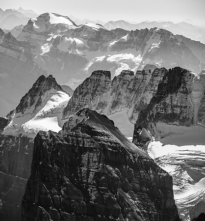 Mount Ball over Bident (L) and Quadra (R). Panorama Ridge in the fg.