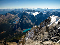 The view from my perch just to the east of the summit. Consolation Lakes and Moraine Lake sneak into view.