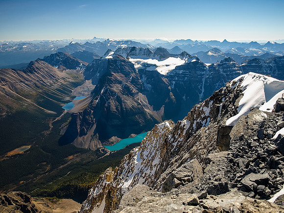 The view from my perch just to the east of the summit. Consolation Lakes and Moraine Lake sneak into view.