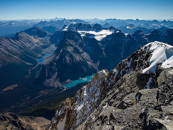 The Fay Glacier and Mount Fay over Moraine Lake.