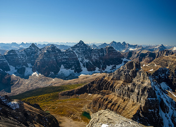 We're high now! Looking over the Valley of Ten Peaks at the Goodsir Mountains in the distance.