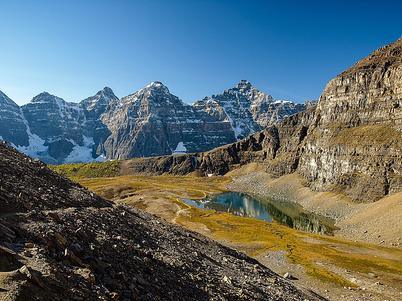 Looking down at a perfectly calm Larch Valley tarn on one of the most beautiful fall days I've ever had in the Rockies.