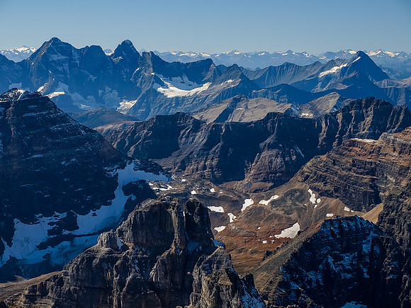 The Goodsirs are brooding in the background. Eiffel in the foreground and Neptuak Peak / Pass at left and center.