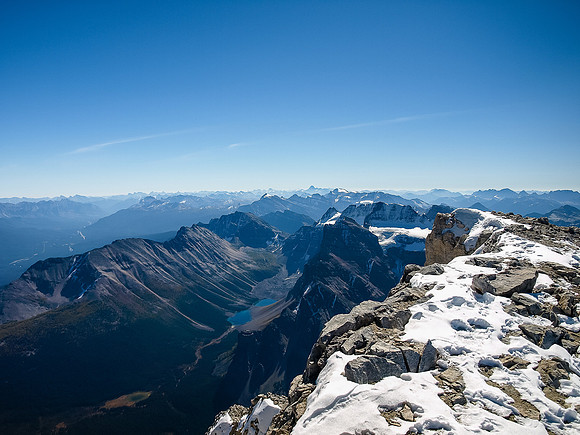 The summit ridge of Mount Temple looking to Panorama Ridge.