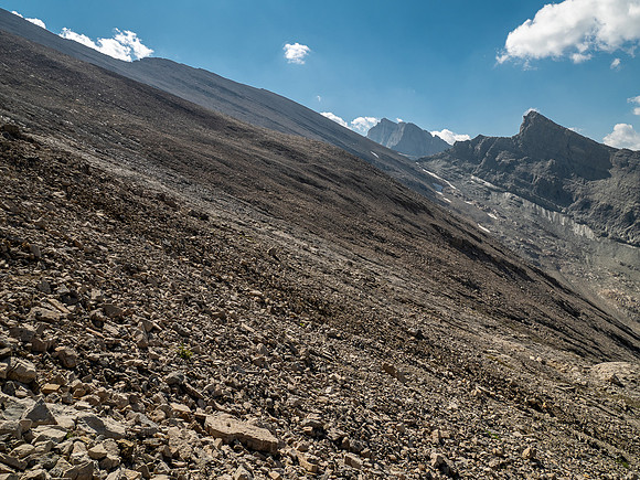 Descending west rubble slopes back into Chortling Marmots valley.