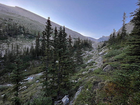 Ascending Chortling Marmots Creek into an upper hanging valley.