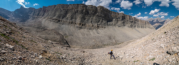 Descending west rubble slopes back into Chortling Marmots valley.