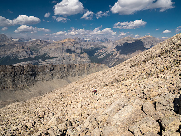 Descending west rubble slopes back into Chortling Marmots valley.