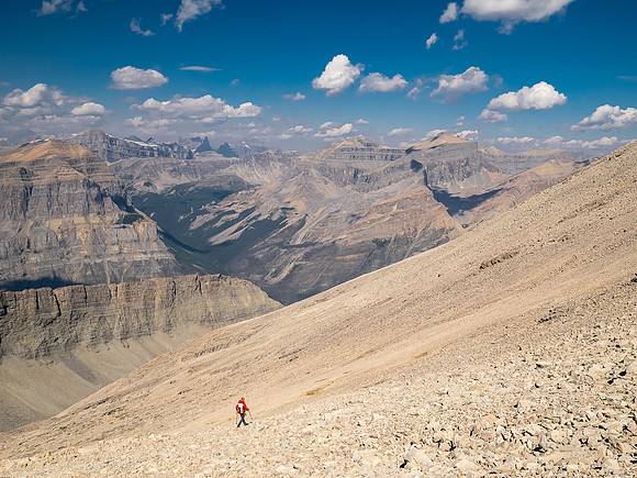 Descending west rubble slopes back into Chortling Marmots valley.