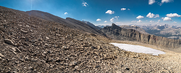 Descending west rubble slopes back into Chortling Marmots valley.