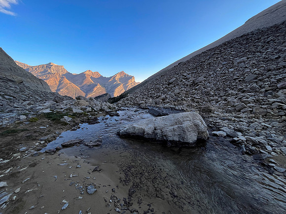 Ascending Chortling Marmots Creek into an upper hanging valley.