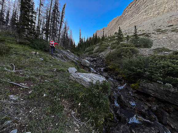 Ascending Chortling Marmots Creek into an upper hanging valley.