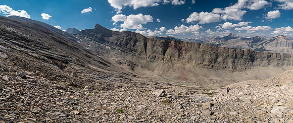 Descending west rubble slopes back into Chortling Marmots valley.