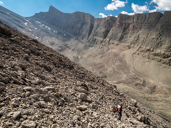 Descending west rubble slopes back into Chortling Marmots valley.
