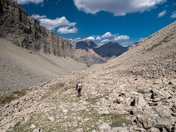 Descending west rubble slopes back into Chortling Marmots valley.