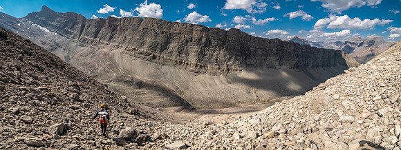 Descending west rubble slopes back into Chortling Marmots valley.