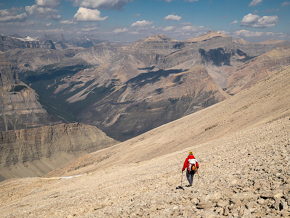 Descending west rubble slopes back into Chortling Marmots valley.
