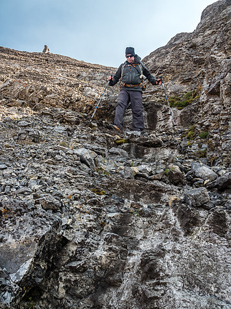 Some easy scrambling back down through the cliff / slab band.