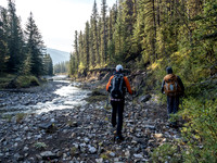 The Oldman River is fairly unimpressive this late in the season - we should be up on the bank at right here where a trail leads to the Soda Creek Trail just ahead.