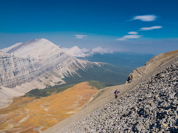 The smoke is approaching as we continue to grind up the west face scree slopes.