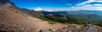 Smoke can be seen coming down valley from the north in this view of our approach over the north shoulder (L) of Beehive. Peaks at center include Lyall and Gass - our next two objectives.