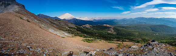 Smoke can be seen coming down valley from the north in this view of our approach over the north shoulder (L) of Beehive. Peaks at center include Lyall and Gass - our next two objectives.