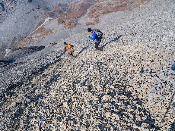 Starting scree avalanches on the west face of Beehive.