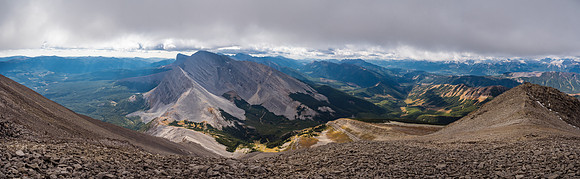 Mount Lyall with Beehive to it's left in this view south. The false summit of Gass with its giant windbreak at far right.