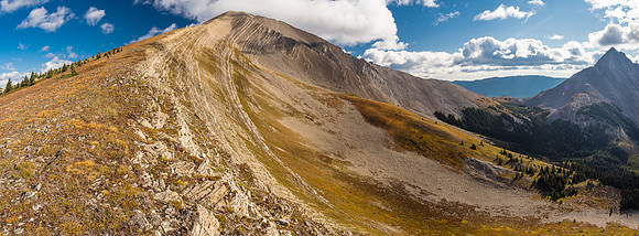 Looking up the easy south ridge of Gass with our approach route at right, from the top of the headwall and Lyall's north outlier at extreme right.