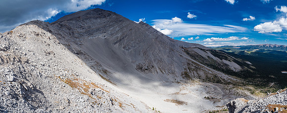 Looking down the surprisingly easy scree bench on the headwall.