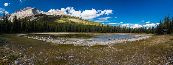 Memory Lake is nice, but not nearly as scenic as the Lyall Tarn that we bivied at the night before. Mount Gass rising at left here.