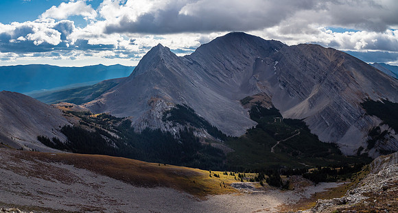 Looking over our traverse from left to right towards Mount Lyall which we scrambled the afternoon before.