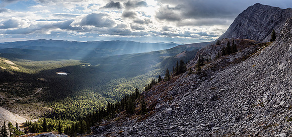 Almost up the headwall with Memory Lake at left with the OHV trail visible.