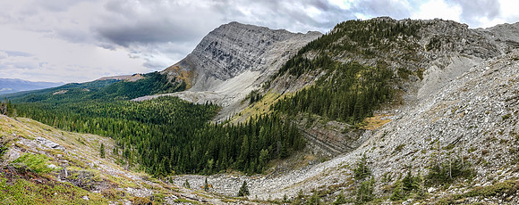 We traversed to the treed ledges at right center and ascended a convoluted route that I don't recommend. Mount Lyall rises at center here.