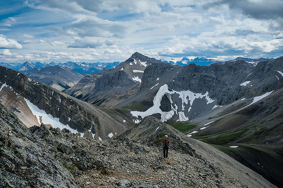 Descending the summit ridge of Littlehorn Peak.