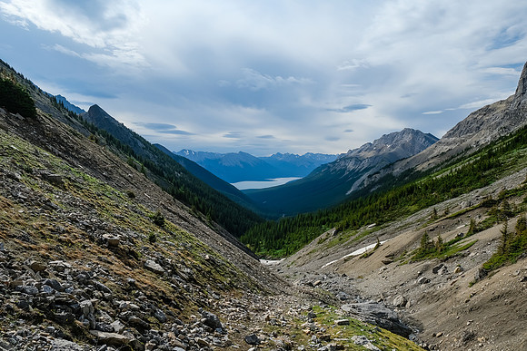 Staying in the creek to the first pass. Views back to Stelfox and Abraham Lake.