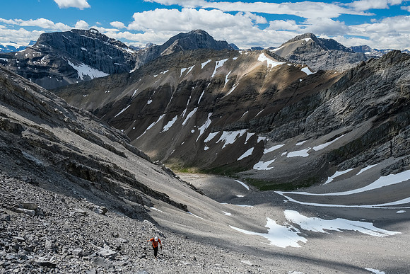 Ascending the south bowl scree slopes to the south ridge of Hangman Peak.