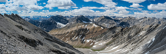 Ascending the south bowl scree slopes to the south ridge of Hangman Peak.