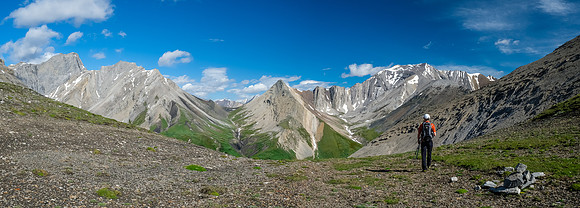 At Littlehorn Pass with views across the north meadows towards Hangman Peak at right.