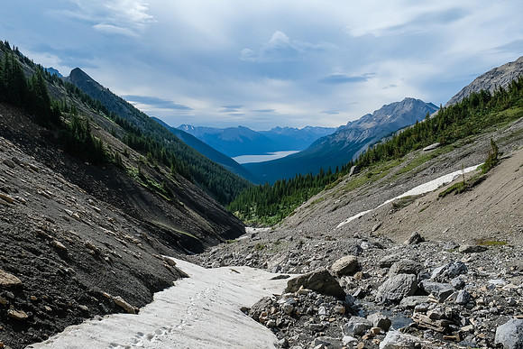 Staying in the creek to the first pass. Views back to Stelfox and Abraham Lake.