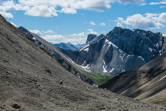 Traversing into the south scree bowl.