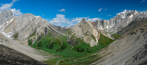 At Littlehorn Pass with views across the north meadows towards Hangman Peak at right.