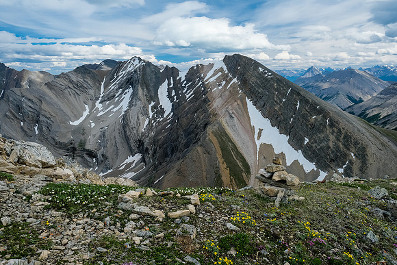 Descending the summit ridge of Littlehorn Peak.