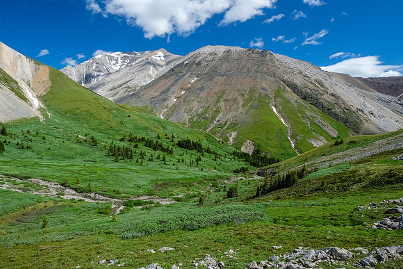 Traversing NW slopes of Littlehorn Peak towards the north branch of Littlehorn Creek and Hangman.